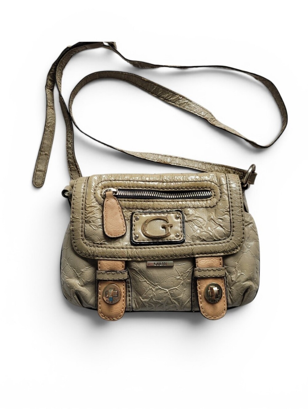 GUESS Beige Crossbody Bag with Tan Trim and Gold Hardware
